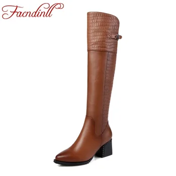 FACNIDNLL nye 2017 ægte læder kvinder, efterår, vinter støvler, høje hæle og lynlås, sort brun sko kvinde over knæhøje støvler