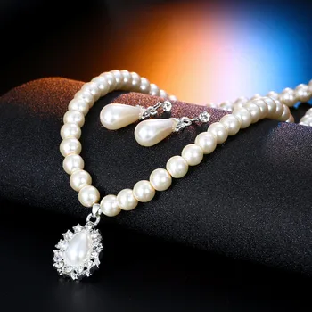 FAMSHIN Classic Silver Farve Simuleret Pearl Banet Krystal Dråbe Vand Halskæde Stud Øreringe Smykker Sæt til Kvinder Bryllup Gaver