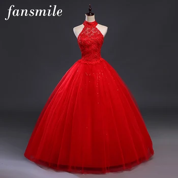 Fansmile Rød Halterneck Vintage Lace Up Wedding Dress Vestidos de Novia 2017 Plus Size Brude Kjoler Under $50 Gratis Fragt FSM-277F