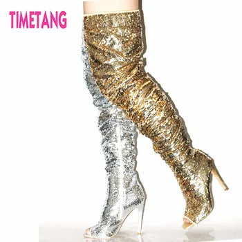 Fantastisk Gave Nye 2018 TIMETANG Super Star Bling Glitter Kvinder Lange Støvler Sexet Model Lady Peep Toe Over-The-Knæ kvinder sko