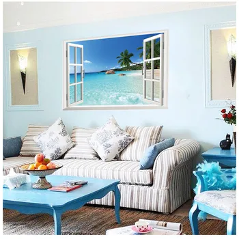 Fantastisk Strand og hav vindue wall sticker Kokos træer Ocean vindue vægoverføringsbilleder stue, Soveværelse indretning