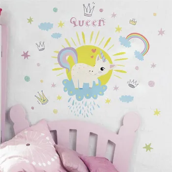 Farverige Rainbow Unicorn Dronning Wall Stickers Til børneværelset Piger Soveværelse Vindue Børnehave Indretning Fødselsdag Gave