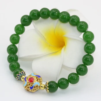Fashion kvinder armbånd 8mm naturlige grønne Taiwan sten jade kalcedon runde perler cloisonne originale smykker 7,5 tommer B2689