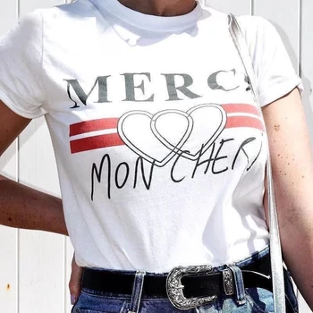Fashion Sommer Hvid T-Shirt Kvinder 2018 Casual Merci Hjertet trykt tshirt Kvindelige Bløde Pige Bomuld, T-shirt, Toppe Tee Streetwear