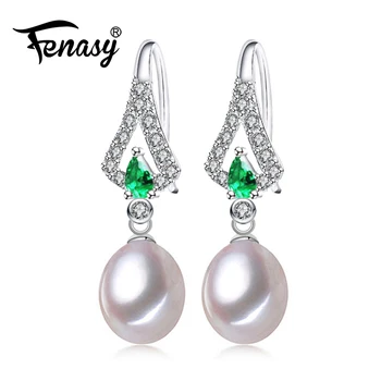 FENASY Emerald pearl øreringe smykker,green, gemstone øreringe,lange øreringe til kvinder,Boheme 925 sterling sølv dråbe øreringe