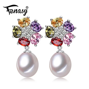 FENASY Pearl rubin øreringe,925 Sterling Sølv øreringe,Fødselsdag, bryllup gaveæske Smykker til Kvinder ,blomster, mode øreringe