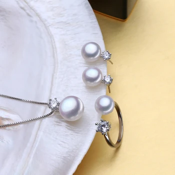 FENASY Perle Smykker Brand bryllup engagement smykke sæt Naturlige Perle vedhæng Halskæde women/stud Øreringe,krone ring femle