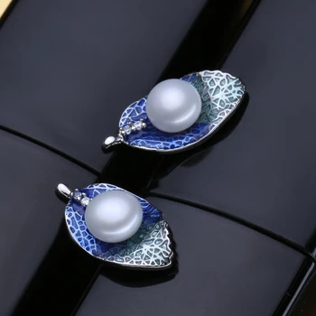 FENASY Perle Smykker sæt 925 Sterling Sølv stud øreringe,en naturperle blad halskæde til kvinder elsker Cloisonne øreringe ring