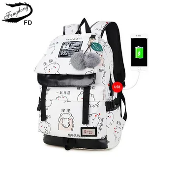 FengDong kvindelige mode breve udskrivning usb-rygsæk taske til bærbar computer kvinder rejsetasker hvide lærred school-rygsæk til piger