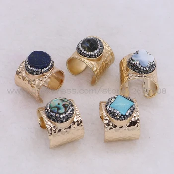 Ferroalloy gylden farve Ring bane mix farve sten Handcrafed justerbar størrelse Ring 8 Stk Perler smykker til kvinder 1718