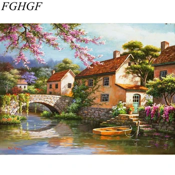 FGHGF Rammeløse Smuk Bygning, Landskab DIY-Maleri Af Numre Moderne Væg Kunst, Lærred Maleri Unik Gave Til stuen