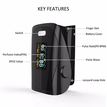 Finger Pulse Oximeter,PI,PR,SPO2 Præcise Meter For Medicinsk Udstyr,Og Daglig Sport Fitness Puls Alarm Meter,CE - Sort