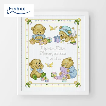 Fishxx Cross Stitch T973 Søde Tegneserie Bære Baby fødselsdato DIY Alfabet Europæisk Stil Kids Room Decoration Kit