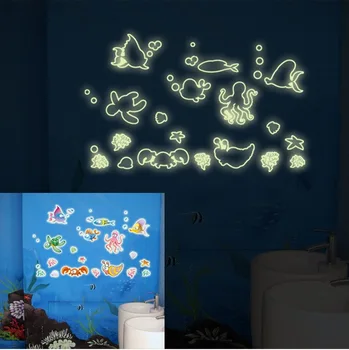 Fisk Fluorescens Noctilucent Glød i Mørke Lysende standardklæbemiddel Aftagelig Børnehave Børn Barn Badeværelse Udsmykning DIY Wall Stickers Decal