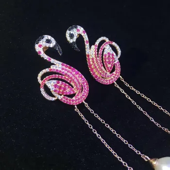 Flamingo vedhæng og øreringe smykker sæt 925 sterling sølv med cubic zircon og ferskvand perle fashion kvinder smykker