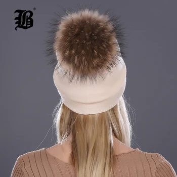 [FLB] Kvinder Vinteren Beanie Hue Kanin Pels, Uld Strikket Hat Den Kvindelige Af Mink Pom Pom Skinnende Rhinestone Hatte til kvinder