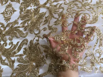 Flot luksus limet glitter broderet tyl mesh blonde stof AP-52408 med guld glitter til bryllup kjole/kjole til aften