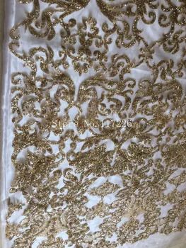 Flot luksus limet glitter broderet tyl mesh blonde stof AP-52408 med guld glitter til bryllup kjole/kjole til aften