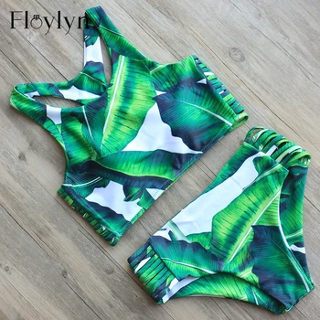 FLOYLYN 2017 Høj Hals Bikini Badedragt Grønne Blad Print Bikini Kvinder Sexet Badetøj Brazilian Bikini Sæt Kvindelige Stranden Biquini