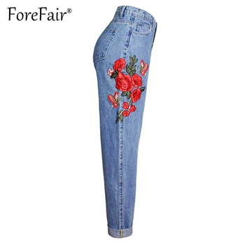 Forefair Mode Broderet Rippet Korte Jeans Kvinder Bukser Cool Vintage Denim Jeans Til Pige Høj Talje Casual Blå Bukser