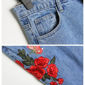 Forefair Mode Broderet Rippet Korte Jeans Kvinder Bukser Cool Vintage Denim Jeans Til Pige Høj Talje Casual Blå Bukser