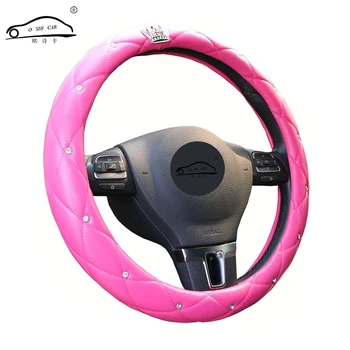 Fornemme Crystal Crown Omfattet Kvinder bilen styrende hjul fletning Luksuriøse Diamant PU læder rat Dække diameter 38 Cm