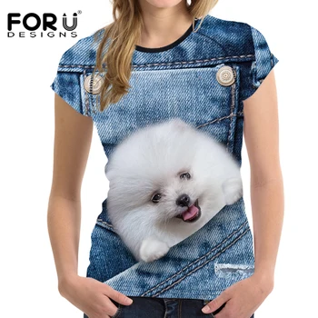 FORUDESIGNS Denim 3D-Pommerske Dog Kvinder Sommer T-Shirt med Korte Ærmer Kvinde Toppe Afgrøde Kvindelige Casual Mode Shirts Feminine Tee