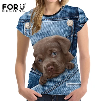 FORUDESIGNS Denim 3D-Pommerske Dog Kvinder Sommer T-Shirt med Korte Ærmer Kvinde Toppe Afgrøde Kvindelige Casual Mode Shirts Feminine Tee