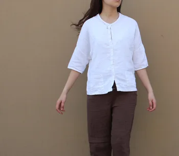 Forår sommer Kvinder pure color løs linned den cardigan shirt kortærmet casual toppe til kvinder hvid,naturlig
