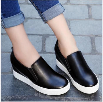 Forår, Sommer mode classic-loafers øget Ægte læder flade damesko lille hvid sko