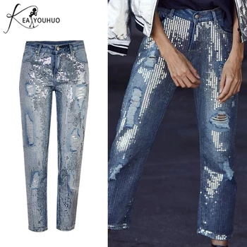 Foråret 2018 Mode Kvinder Lang Høj-Taljen Skinny Jeans Kvinde Denim Pailletter Jeans Bukser Kæreste Ripped Jeans Til Kvinder Bukser