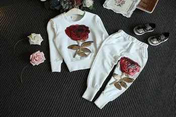 Foråret efteråret børn piger boutique-udstyr rose blomstret tøj sæt, tilbage til skole outfit