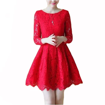 Foråret Efteråret Lace Dress 2018 Nye Koreanske Mode Mini Vestidos Kvinder Med Lange Ærmer Temperament Red Lace Kjoler Sort,Pink,Blå
