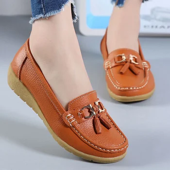 Foråret sko kvinder i ægte læder sko mode afslappet loafers frynser slip-on rund tå solid kvindelige sko plus size 35-41