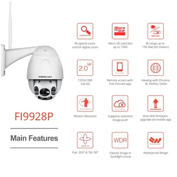 Foscam FI9928P 2,0 MP 1080P Pan Tilt 4X Zoom Trådløse Udendørs PTZ IP-Kamera