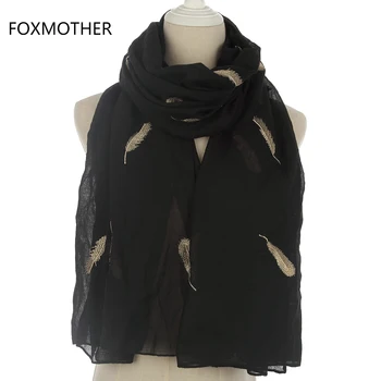 FOXMOTHER 2018 Nye Luksus-Brand Mode Kvinder Sort Hvid Broderi Featehr Glitter Tørklæde Sjal Hijab Wrap