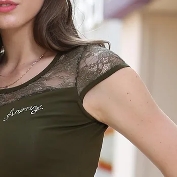 FreeArmy Mærke Sommeren Kvinders Toppe, t-Shirts Mode Sexet Army Grøn T-Shirts Med Blonder Patchwork Design Tøj til Kvinder Åndbar