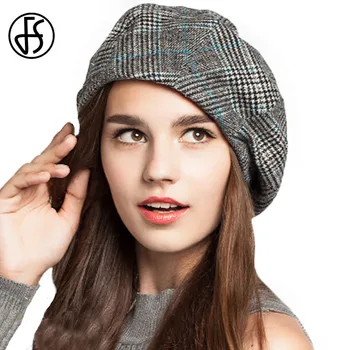 FS franske Kunstner Beret Hat For Kvindelige Vinter Fashion Sort Blå Brun Ternet Uld Tykkere Baretter Maler Ottekantede Hatte Og Caps