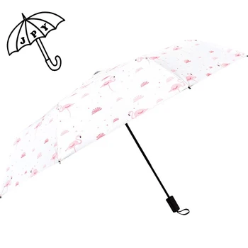 Fuldautomatisk Flamingo Paraply 3 Folde Regn Sole Studerende Parasol Vindtæt Parasoller Til Mænd, Kvinde Regn Sort Belægning