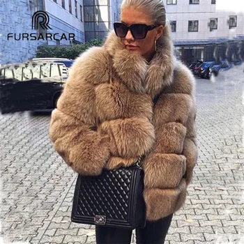 FURSARCAR Kvinder Ægte Ræv Pels Vinter Hele i Ægte Læder Korte Kvindelige Jakke Tyk Natrual Fox Fur Coat Med Pels Krave