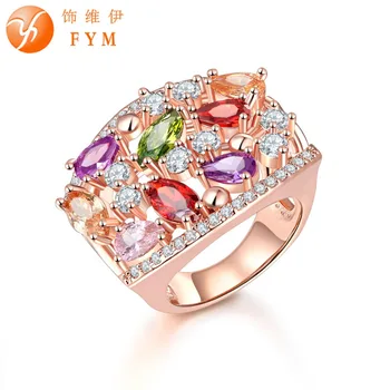 FYM Mode Rosa Guld Farve Bryllup Smykker Ringe Til Kvinder Farverige Zirconia Krystal Hvide Runde Simuleret Hul Ring