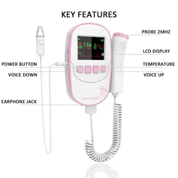 Føtal Doppler Med Øre Termometer, Premium, Professional 2MHZ Detektor, Bærbare Graviditet Angel Lyder Hjerteslag Skærm-Pink