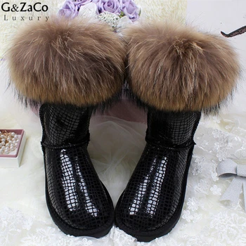 G&Zaco Luksus Mærke Ultralarge Naturlige Fox Fur Sne Støvler I Ægte Læder Kvinder Midten Kalv Støvler Med Ægte Pels Koskind Sne Støvler