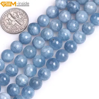 Gem-inde Naturlige Runde Glatte AA Grade Aquamarine Kvarts Perler til smykkefremstilling 15inches DIY Smykker