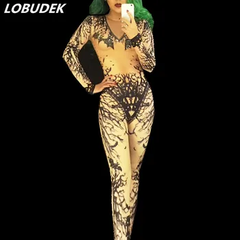 Glitrende Krystaller 3D-print kvindelige Trikot buksedragt Elasticitet sexet slank Rompers Sanger Natklub Fest ydeevne kostumer