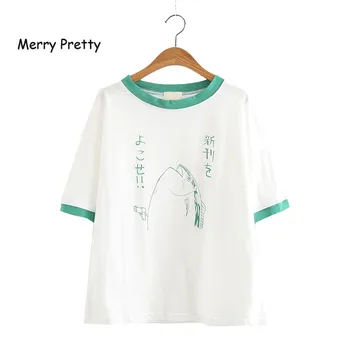 Glædelig Temmelig Nye Kvinder Harajuku T-shirts Fisk Print Kawaii Hvid Sjove T-Shirt Sommer o-hals Sød Bomulds t-Shirt Femme Toppe