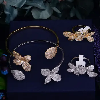 GODKI Luksus Stor Delikat Luksus Gemoetric Blomst Cubic Zirconia Bryllup Part Saudi-arabisk Dubai Bangle Ring Set