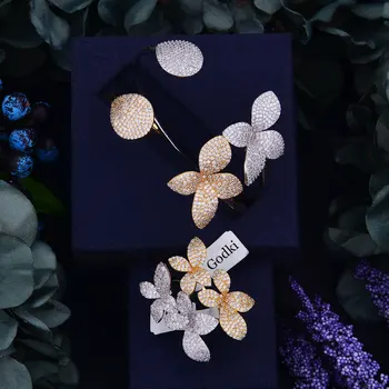 GODKI Luksus Stor Delikat Luksus Gemoetric Blomst Cubic Zirconia Bryllup Part Saudi-arabisk Dubai Bangle Ring Set