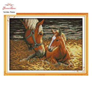 Golden Panno,Håndarbejde,DIY DMC Cross stitch,Sæt Til Broderi print hest dyr Tæller Cross-Stitching 11ct 14 ct painting23