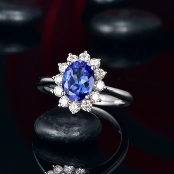 Gratis Forsendelse 1.31 ct Naturlige Blå Tanzanit 14 CT Hvid Guld Naturlige Diamant Engagement Ring Gemstone Smykker Engros